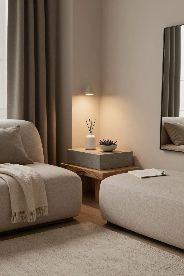 Corner of a light beige room with a curved beige sofa draped in a cream throw blanket, adjacent to a low concrete side table on wooden legs topped with a white reed diffuser containing purple lavender sticks, a white bowl of lavender, and a lit wall lamp; a matching beige ottoman sits nearby with a notebook on top, black-framed mirror on the wall, and beige curtains.