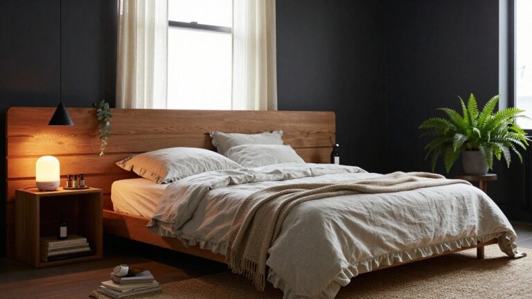 Bedroom corner featuring a wooden bed with white linens and knit throw, nightstand with glowing white diffuser emitting mist, essential oil bottles, tray, books, tall fern plant on wooden stand, and window with sheer curtains.