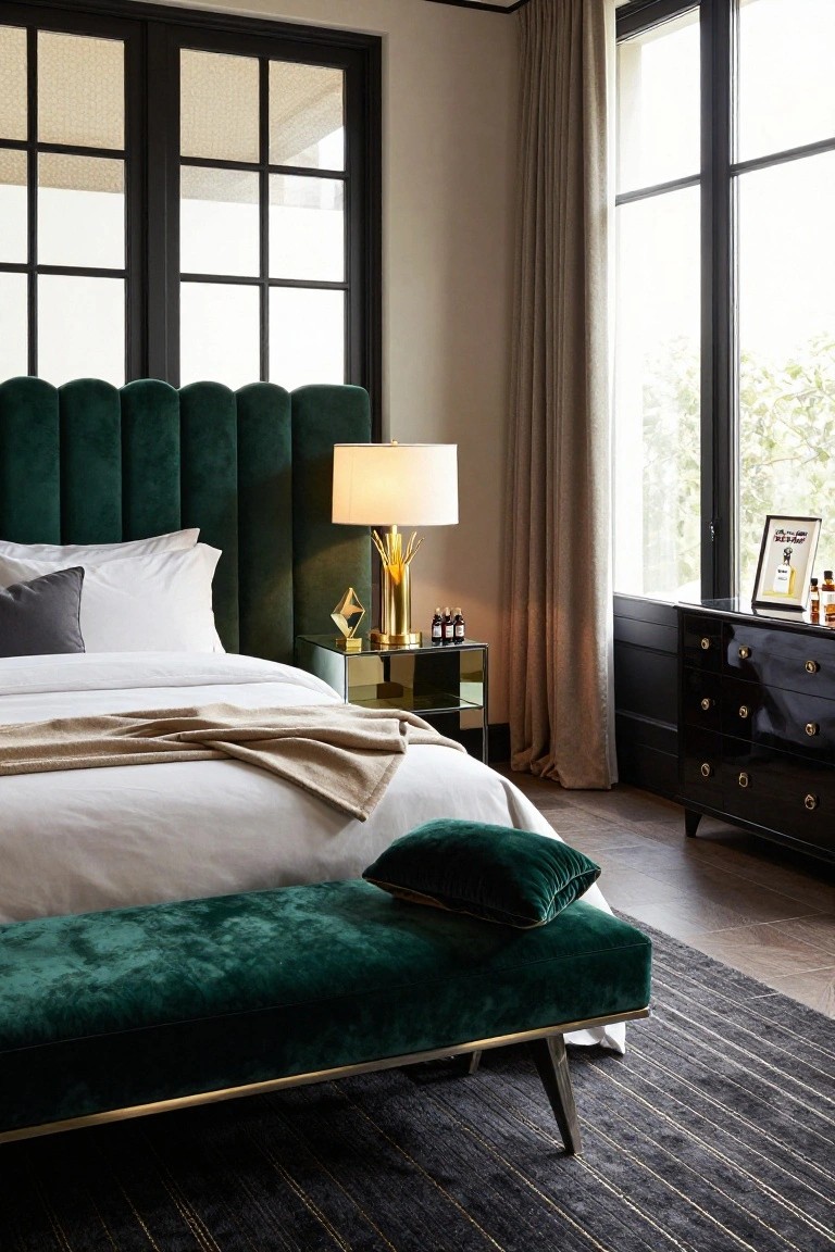 Luxury bedroom with emerald green velvet tufted headboard and foot bench, white bed with tan throw, gold-accented mirrored nightstand holding lamp and perfume bottles, black dresser, and large black-framed windows with beige curtains.