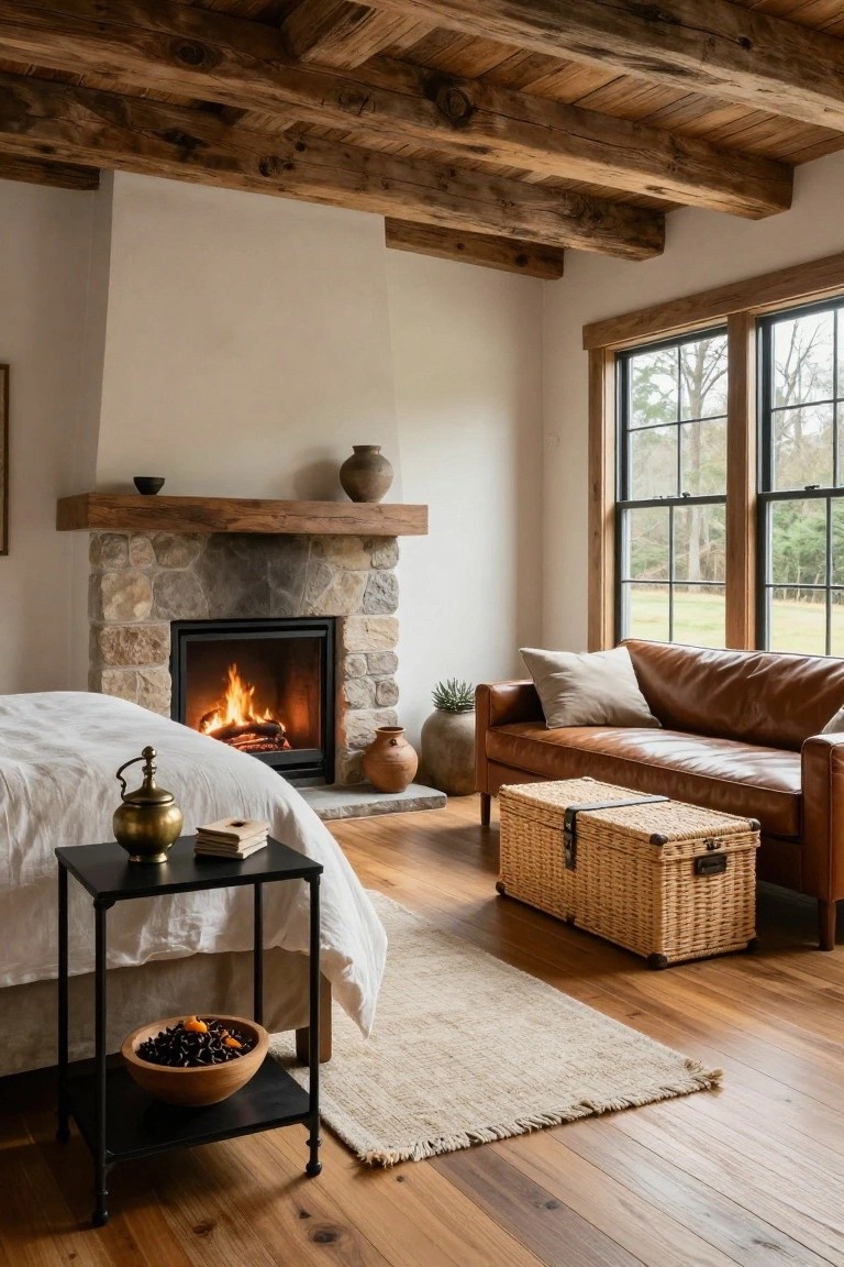 Bedroom with exposed wood beams, stone fireplace with fire, white bed on wood floors, leather sofa, wicker trunk, large windows showing trees and fields, and black nightstand with brass vessel, books, and wooden bowl of dried botanicals.