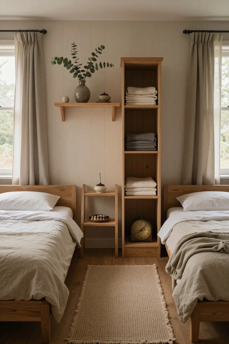 A bedroom with two wooden twin beds with white linen bedding and beige throws, flanked by a tall open wooden shelving unit containing folded linens, gray towels, pottery vases with eucalyptus branches, a small clock, and decorative items, light beige paneled walls, sheer curtains on windows, and a seagrass runner rug on wooden floors.