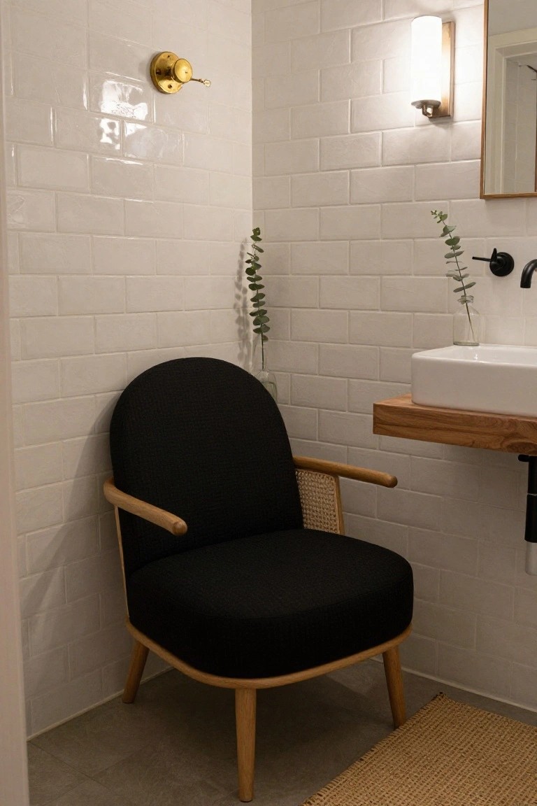 Black upholstered armchair with curved back, rattan-style arms, and wooden legs positioned in the corner of a white subway-tiled bathroom beside a floating wooden vanity with white sink, black faucet, glass vase of eucalyptus, and wall-mounted lights.