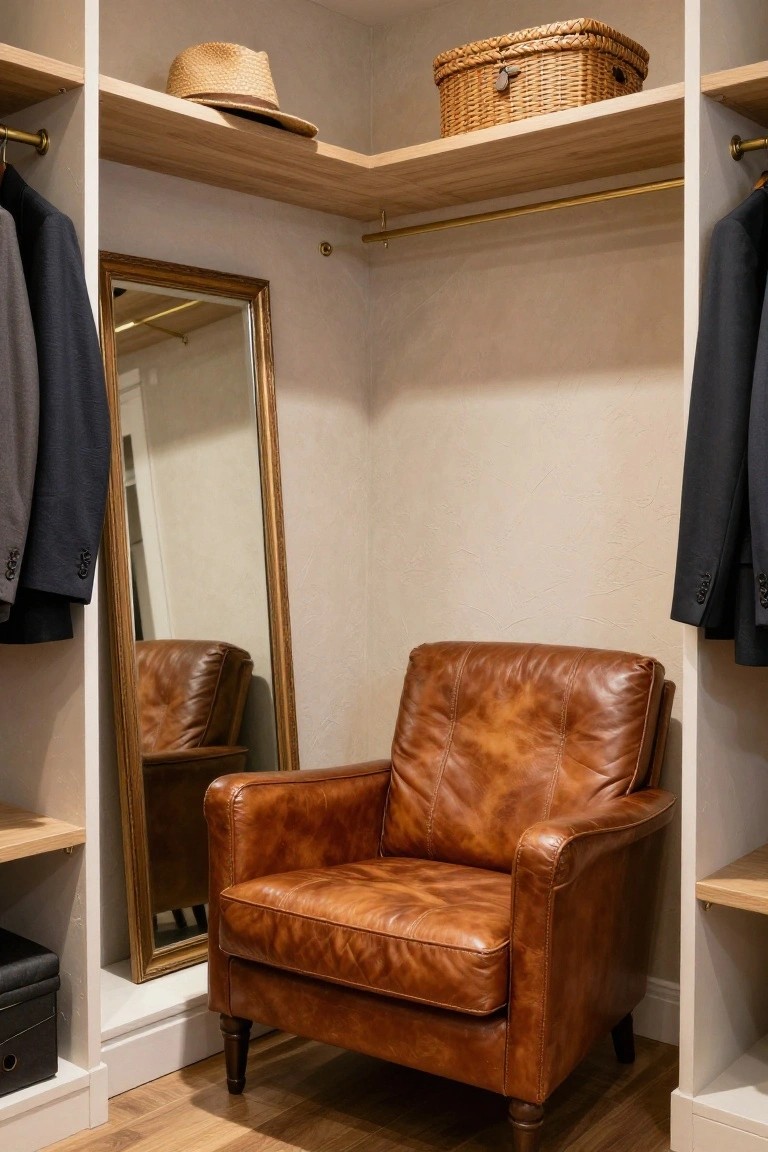 Walk-in closet with oak shelves holding a straw hat and wicker basket, hanging gray suits, a tall gold-framed mirror, and a brown tufted leather armchair on wood floors.