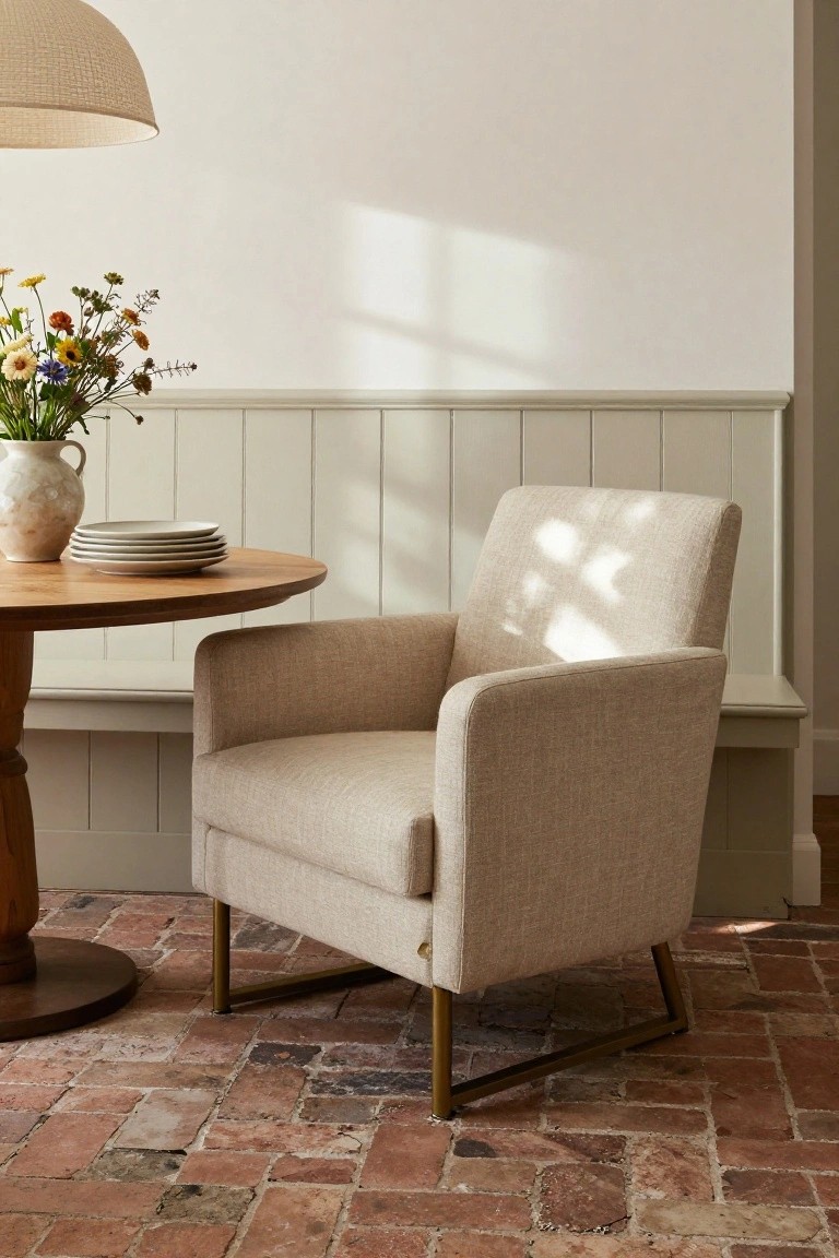 Beige textured fabric armchair with brass legs next to a round wooden table holding stacked white plates and a vase of wildflowers, in a room with white paneled walls, beige wainscoting, and brick floor.