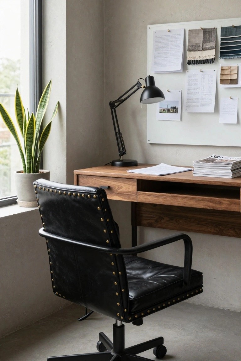 Black leather swivel armchair with brass studs at a walnut desk in a beige home office corner, with a desk lamp, snake plant, bulletin board, and window.
