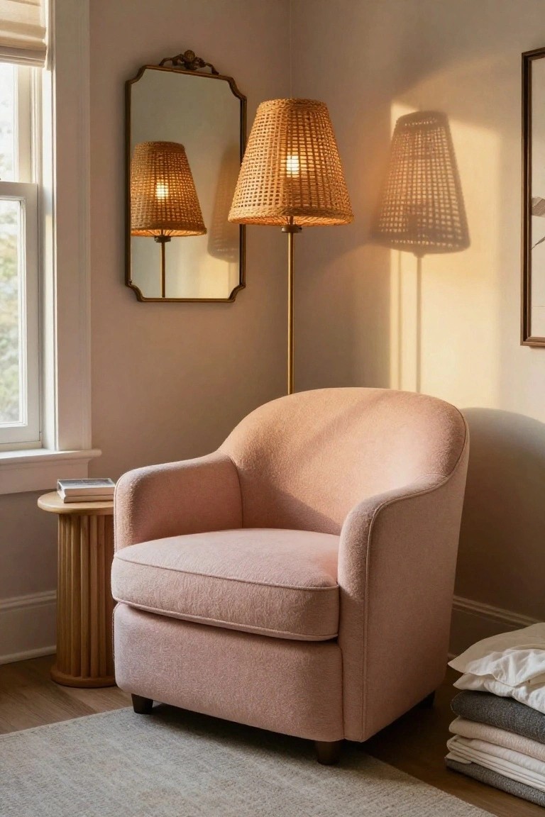 Blush pink upholstered armchair in a beige room corner beside a tall woven floor lamp, small pedestal side table with books, ornate wall mirror, and stacks of folded linens on the floor.