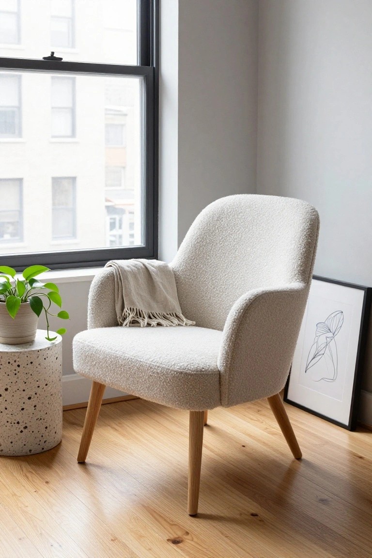 Cream-colored bouclé armchair with tapered wooden legs, draped with a beige throw blanket, next to a speckled white side table holding a potted trailing plant, in a room with large black-framed windows and light hardwood floors.
