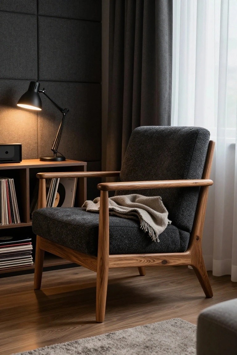 Dark gray upholstered armchair with oak wood frame and tapered legs, light gray throw draped over one arm, next to wooden shelf with vinyl records and black adjustable desk lamp, in room with gray padded walls, dark curtains, and white sheer curtains.