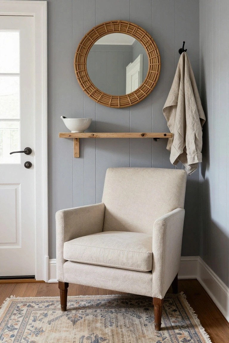 Cream-colored armchair on a patterned rug in a room corner with gray shiplap walls, wooden wall shelf holding a white bowl, rattan mirror, hanging linen towel, and white door nearby.