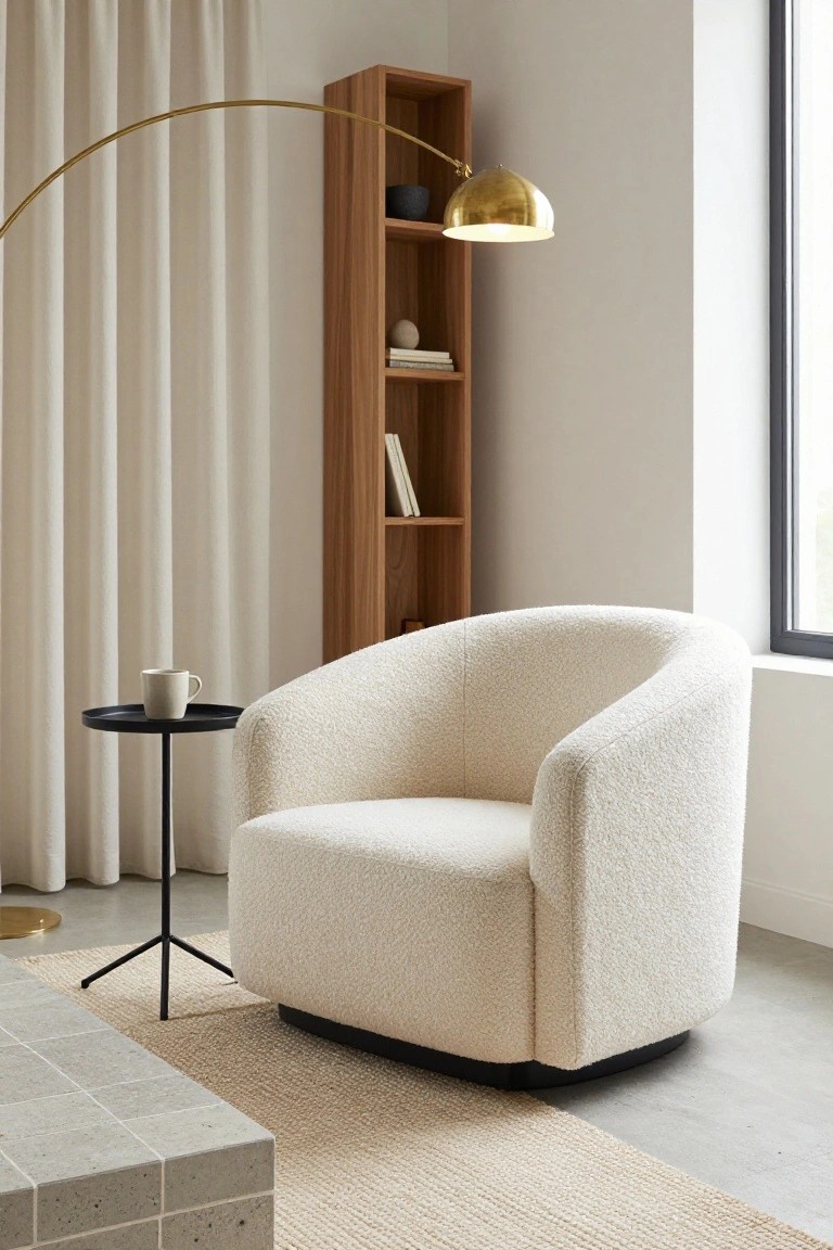 A curved cream-colored boucle armchair on a black swivel base next to a black tripod side table holding a white ceramic mug, with a wooden tall bookshelf, gold arc floor lamp, beige curtains, and large window in a light gray room.