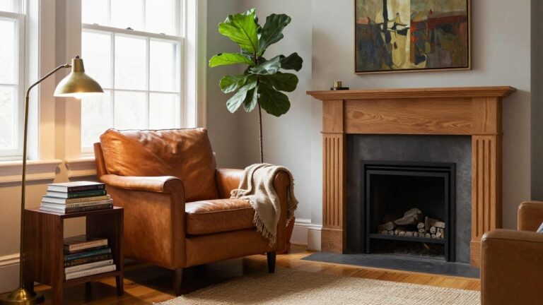 Tan leather armchair with a cream throw in a living room corner next to large windows, a fiddle leaf fig plant in a terracotta pot, brass floor lamp, stacked books on a wood stand, low coffee table, and white fireplace on hardwood floors with a seagrass rug.