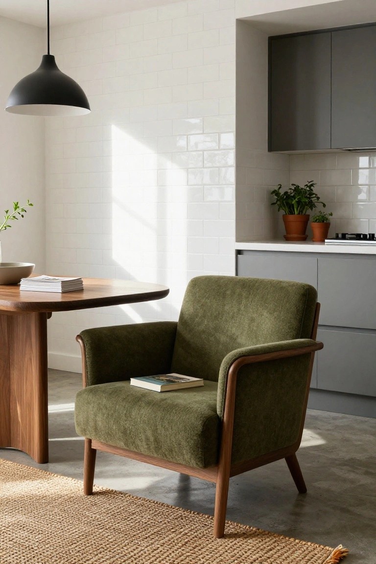 Green upholstered armchair with wooden frame positioned next to a round wooden dining table in a modern kitchen featuring white subway tile walls, grey cabinets, potted plants, and a black pendant light.
