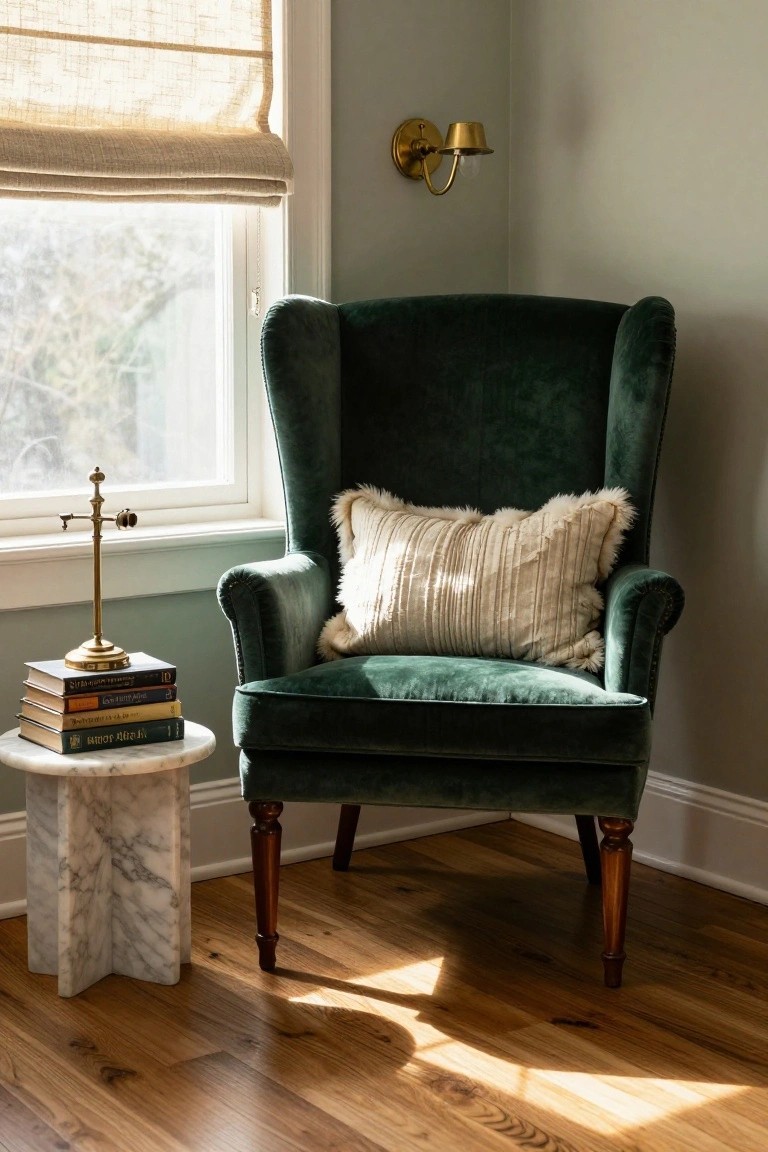 Emerald green velvet wingback armchair in a corner by a tall window with beige roman shades, next to a white marble side table holding stacked books and a brass lamp stand, on hardwood floors with pale green walls.