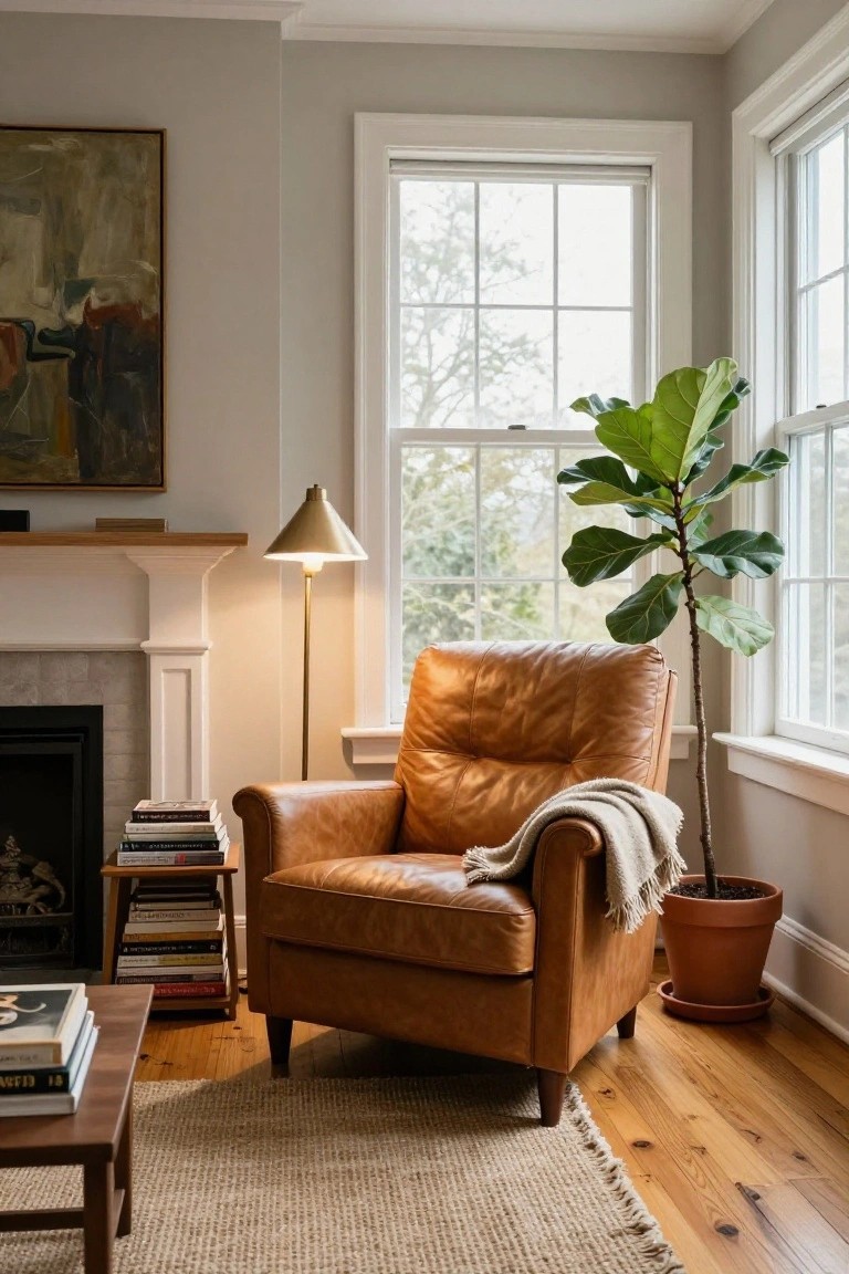 Tan leather armchair with a cream throw in a living room corner next to large windows, a fiddle leaf fig plant in a terracotta pot, brass floor lamp, stacked books on a wood stand, low coffee table, and white fireplace on hardwood floors with a seagrass rug.
