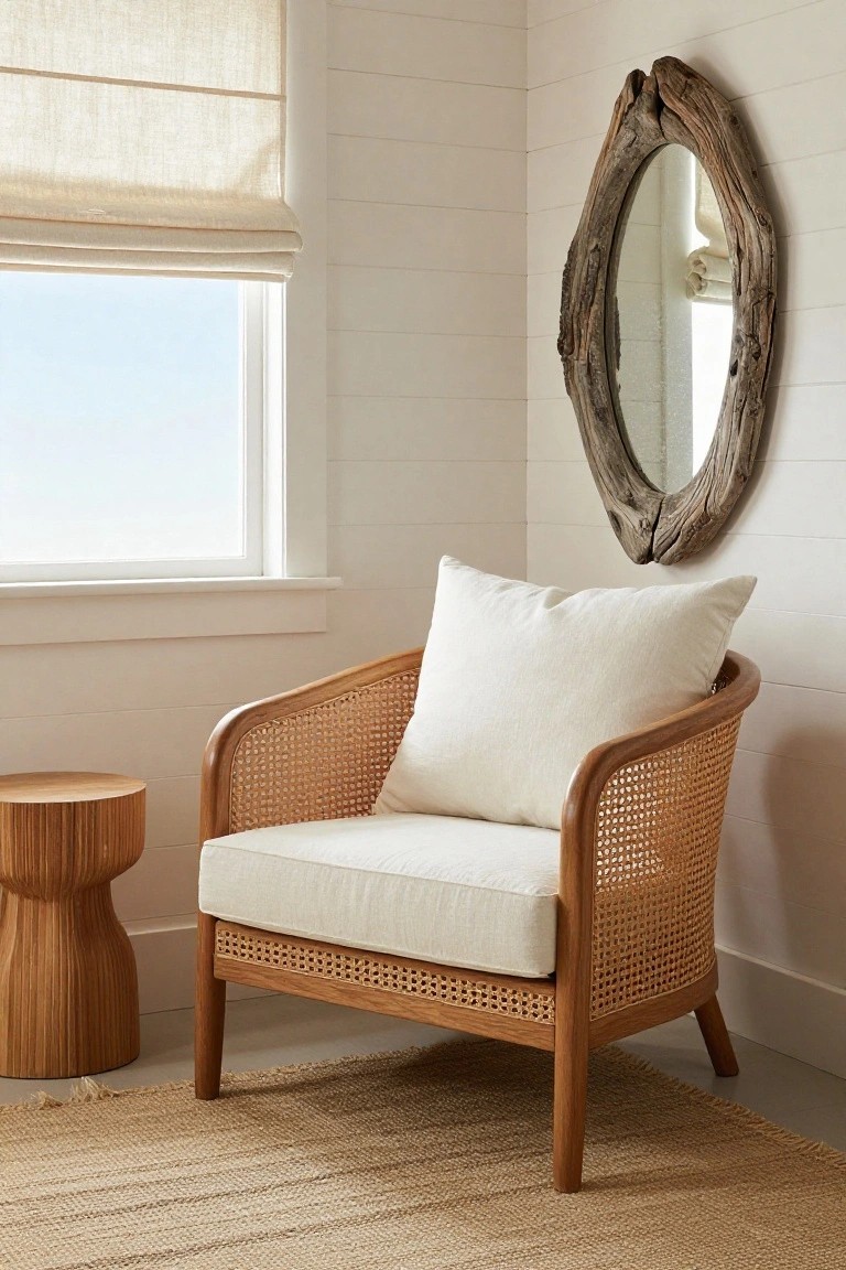 Corner of a white shiplap room with a curved rattan armchair upholstered in white fabric, a drum-shaped wooden side table, oval driftwood mirror on the wall, linen roman shade on the window, and seagrass rug on the floor.