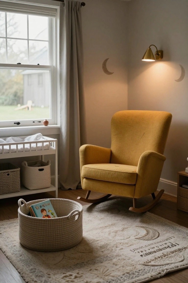 Mustard yellow velvet rocking chair in a nursery corner next to a white changing table on wheels, with a window, moon wall decals, woven basket of books on the floor, and neutral rug.