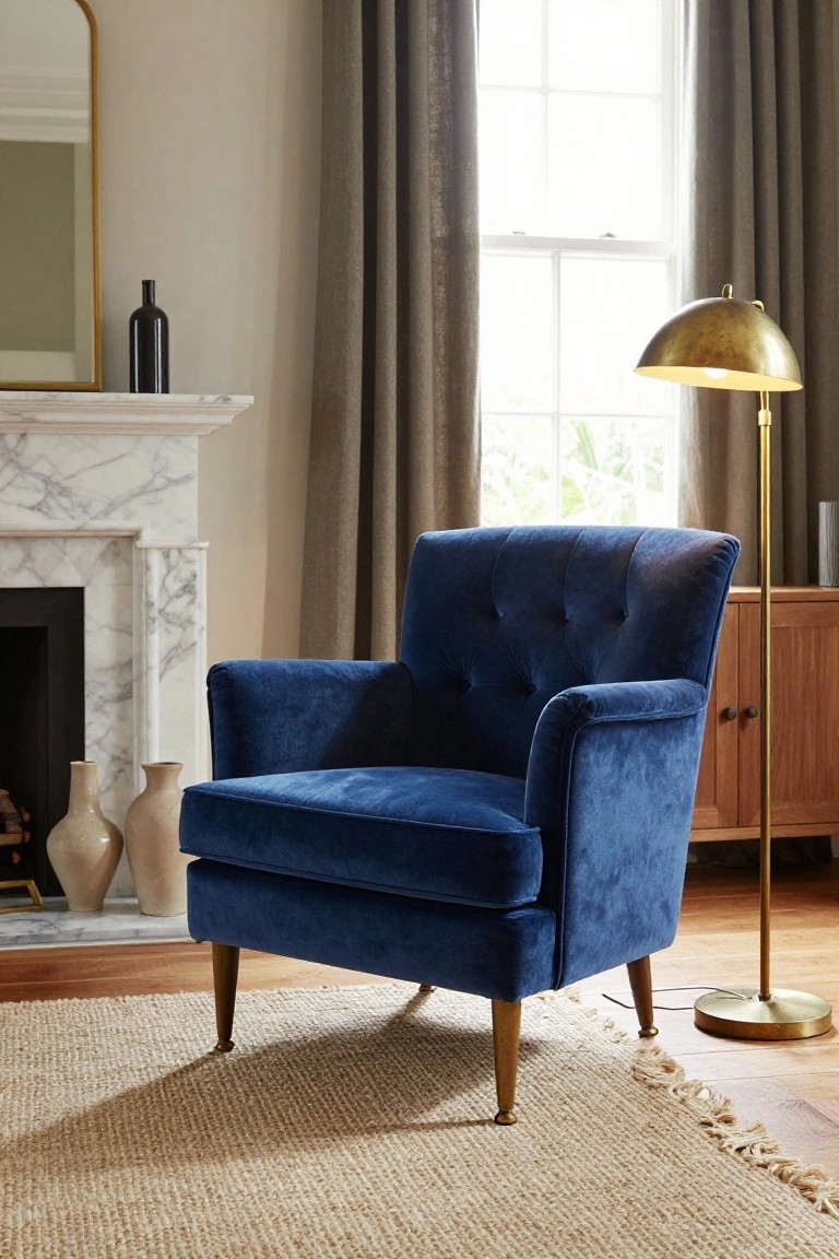 Navy blue tufted velvet armchair with brass legs positioned near a marble fireplace in a living room with beige walls, textured curtains, gold floor lamp, and wooden sideboard.