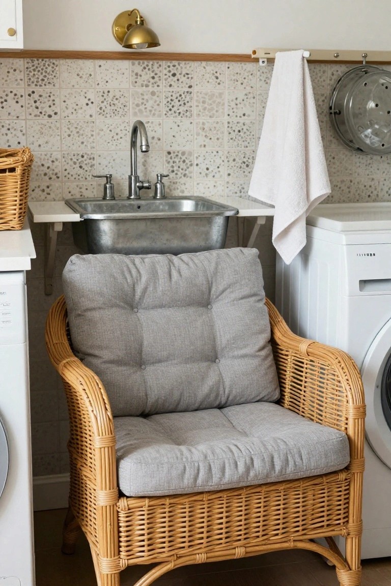 Rattan armchair with gray cushions next to a white washing machine in a laundry room with speckled white tile walls, stainless steel sink, hanging white towel, and wicker basket.