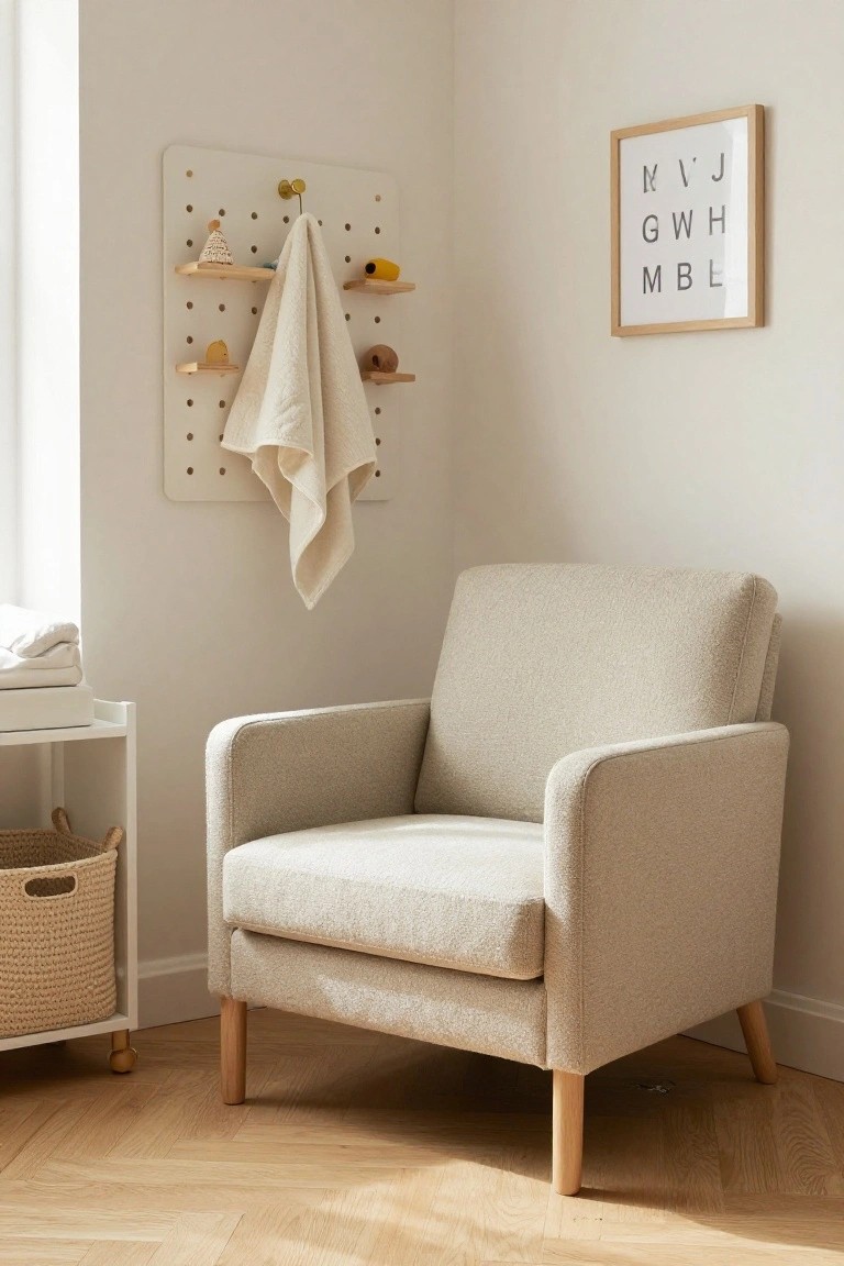 Corner of a light nursery room with a beige textured armchair on wooden legs, white pegboard wall with shelves holding toys and a draped towel, framed artwork, changing table, and woven basket.