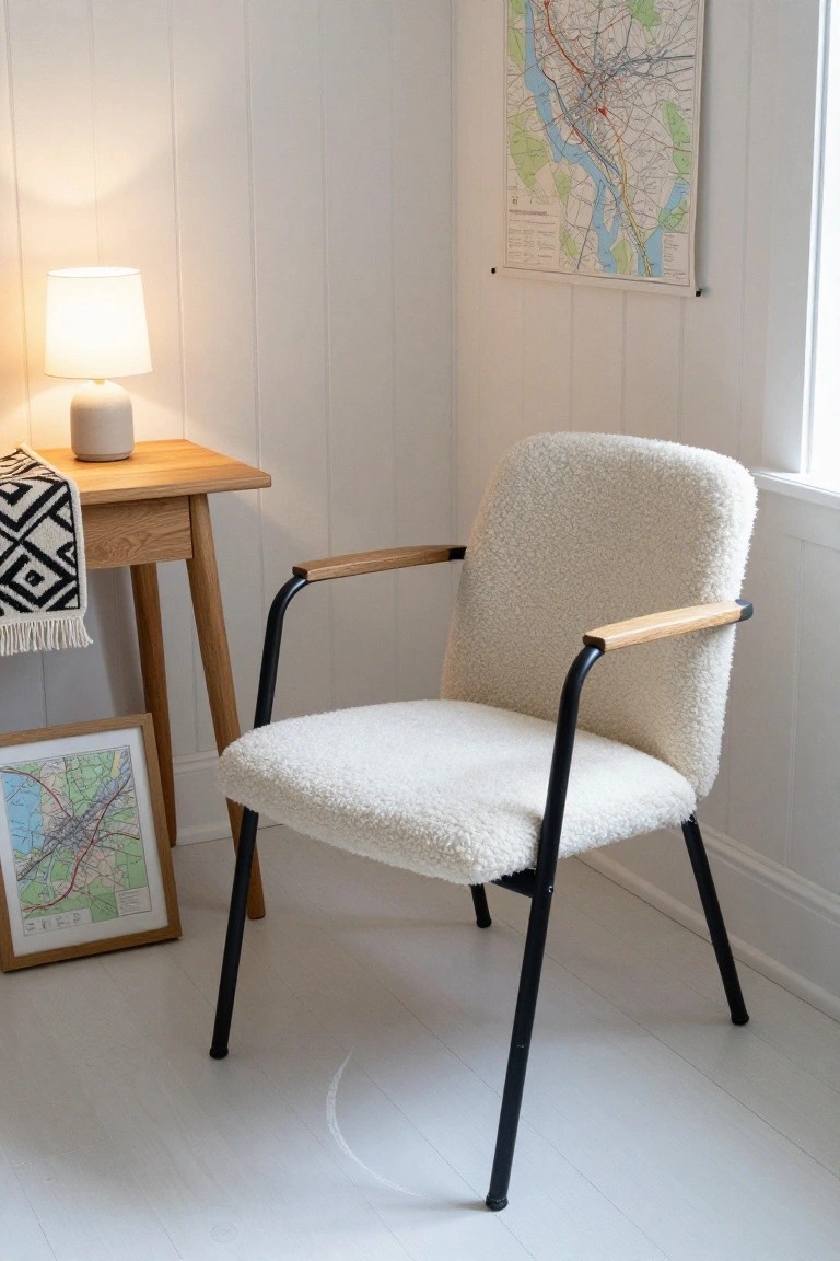 White fluffy upholstered armchair with black metal legs and wooden armrests in a white paneled room corner, next to a wooden side table holding a ceramic lamp and scarf, with maps on the walls and floor.