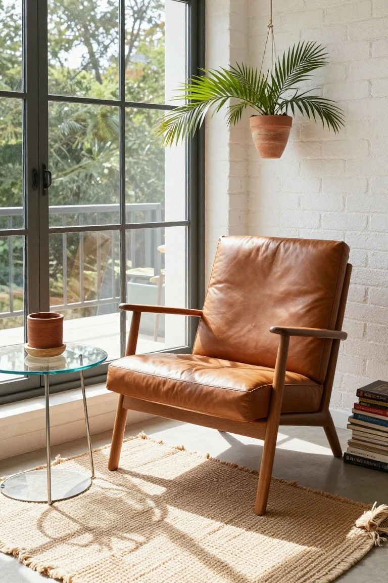Tan leather armchair with wooden arms and back next to a round glass side table with ceramic mug and stacked books, in white brick room with large black-framed windows overlooking trees, hanging potted palm plant, and beige fringed rug on floor.