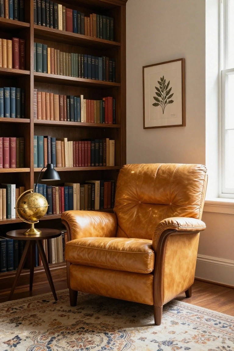 Tan tufted leather armchair in a corner room with wooden bookshelves filled with books, a small round table holding a brass globe and black desk lamp, a framed leaf print on the wall, and a window.