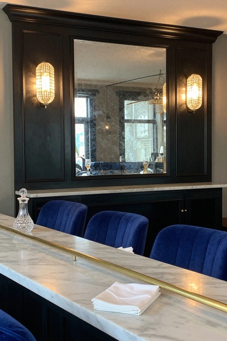 Black wood paneled wall with a large antiqued mirror flanked by two beaded glass sconces above a white marble bar counter lined with blue velvet stools and a brass rail.