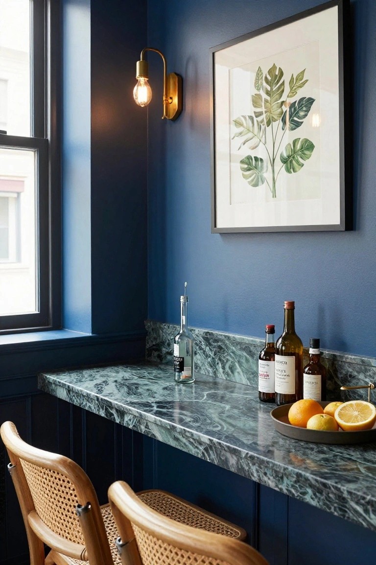 Dark blue corner bar area with brass gooseneck wall sconce, green marble countertop holding liquor bottles and oranges, and two rattan bar stools.