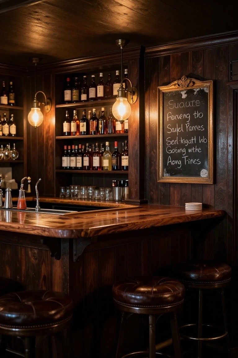 Wooden-paneled bar interior with brass swan-neck wall sconces featuring exposed bulbs, pendant lights, liquor bottle shelves, bar counter, and leather stools.