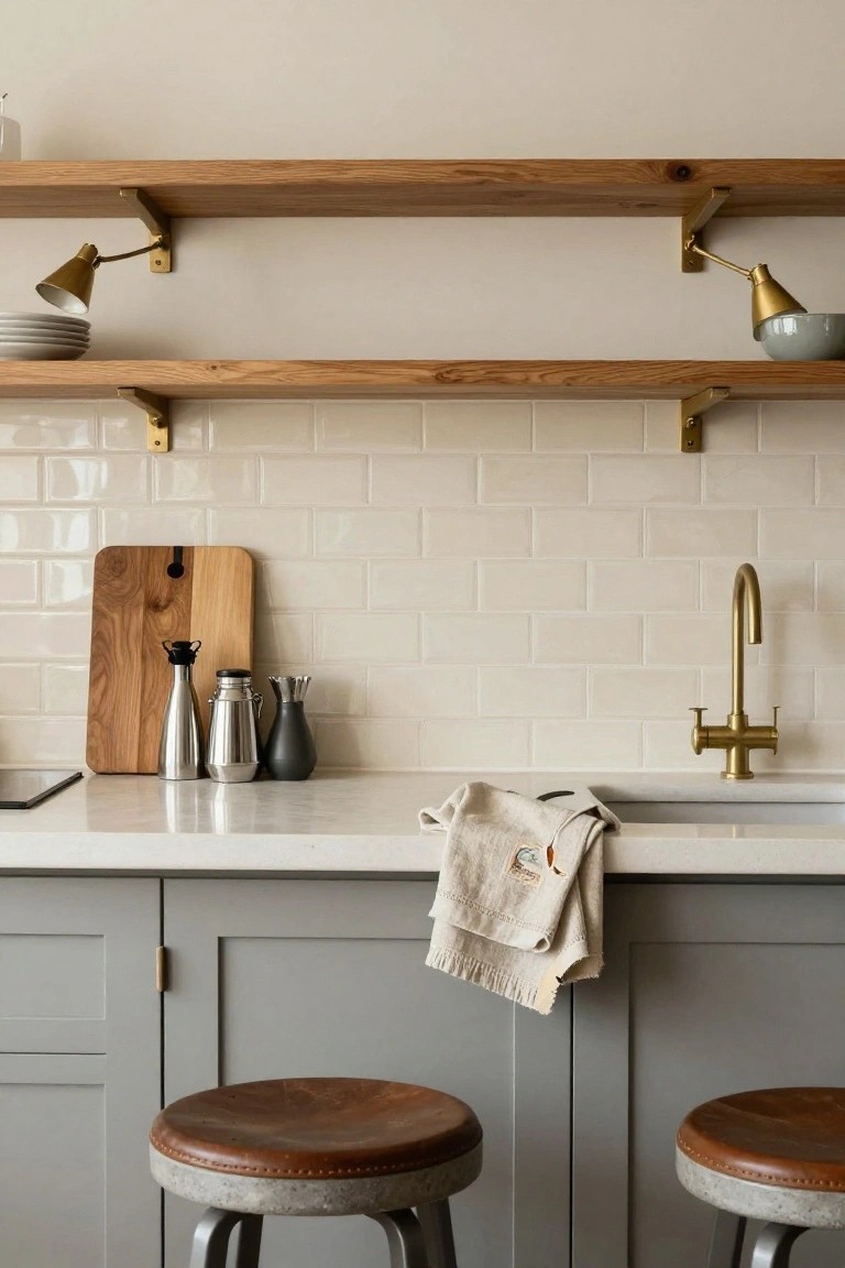 Kitchen with light oak floating shelves holding stacked plates and bowls, two brass adjustable arm sconces mounted on white subway tile backsplash, wooden cutting board and stainless steel containers on white quartz countertop with brass faucet and sink, beige towel draped over edge, and two gray metal bar stools with brown leather seats.