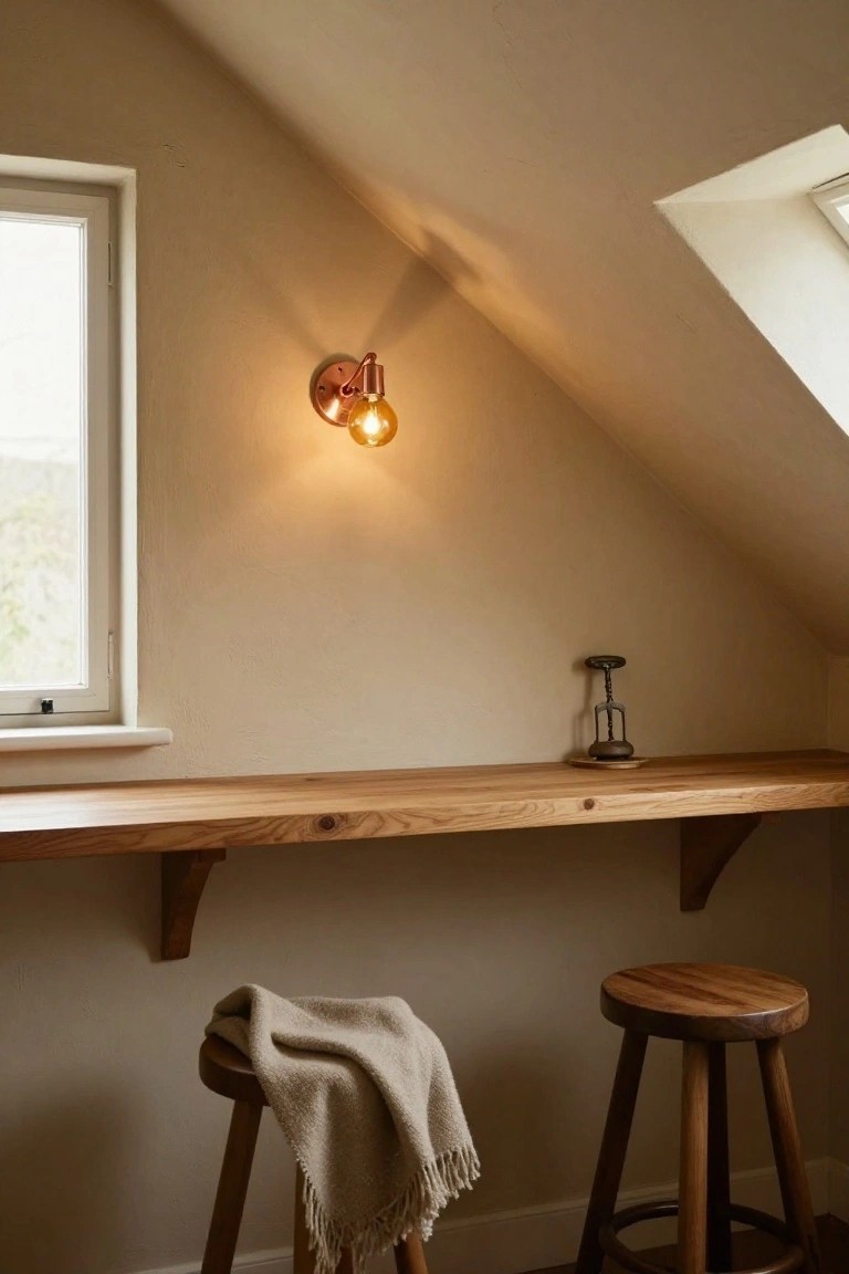 Attic room corner with beige sloped walls, wooden shelf holding a metal corkscrew, copper wall sconce with exposed bulb, wooden stool, and beige wool blanket draped nearby.