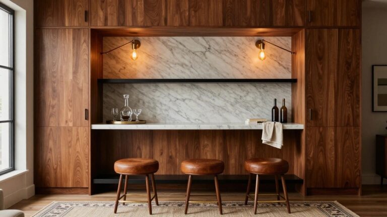 Recessed walnut-paneled bar nook with white marble countertop, glass decanters, martini glass, books, white towel, three leather-topped wood stools, two curved brass wall sconces with Edison bulbs, beside a window and black cabinet.