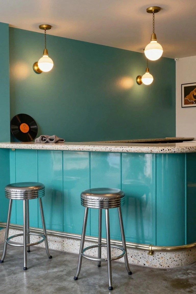 Curved teal bar counter with terrazzo top and two chrome stools, lit by brass globe pendant lights and sconces on matching teal wall, vinyl record and cloth on counter.