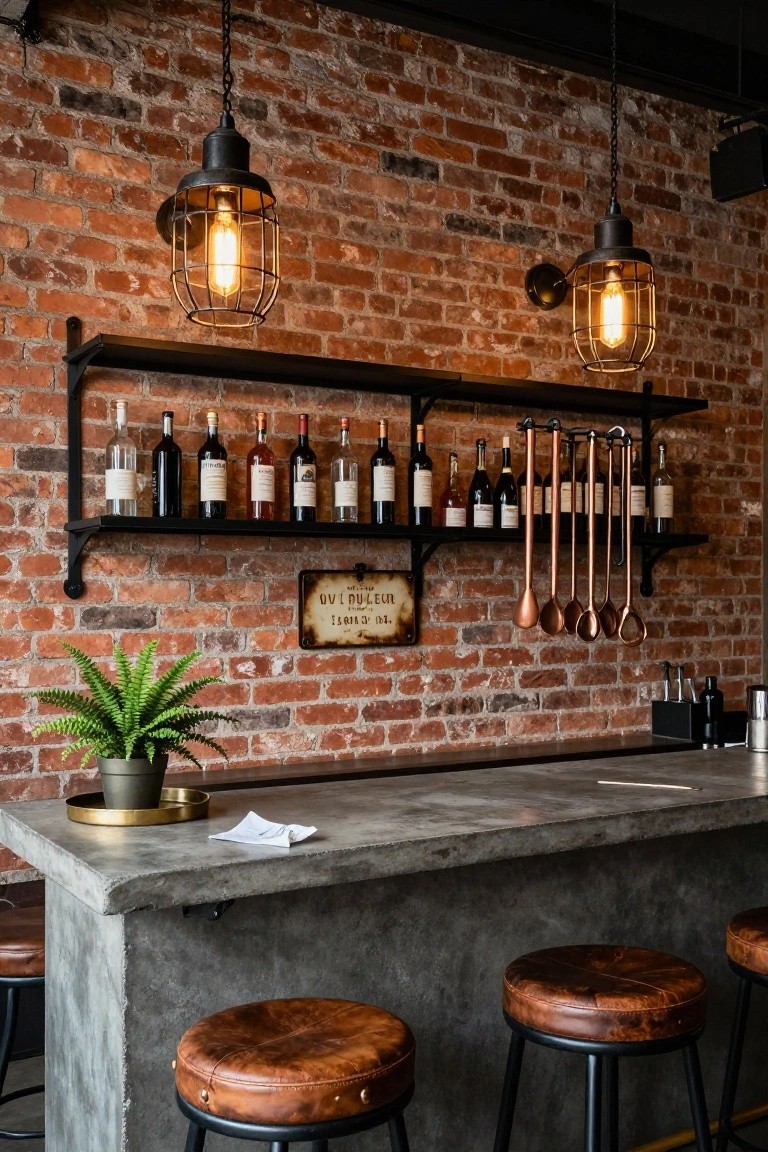 Close-up view of an indoor bar counter made of polished concrete with leather barstools, backed by exposed brick walls with black metal shelves holding wine bottles, hanging copper ladles, a potted fern, and industrial caged pendant lights.