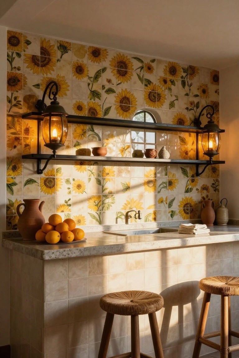 Kitchen bar counter with sunflower-patterned tile backsplash, black metal shelves holding lit lanterns and terracotta pottery, oranges in a bowl, sink, and rattan stools in warm sunlight.