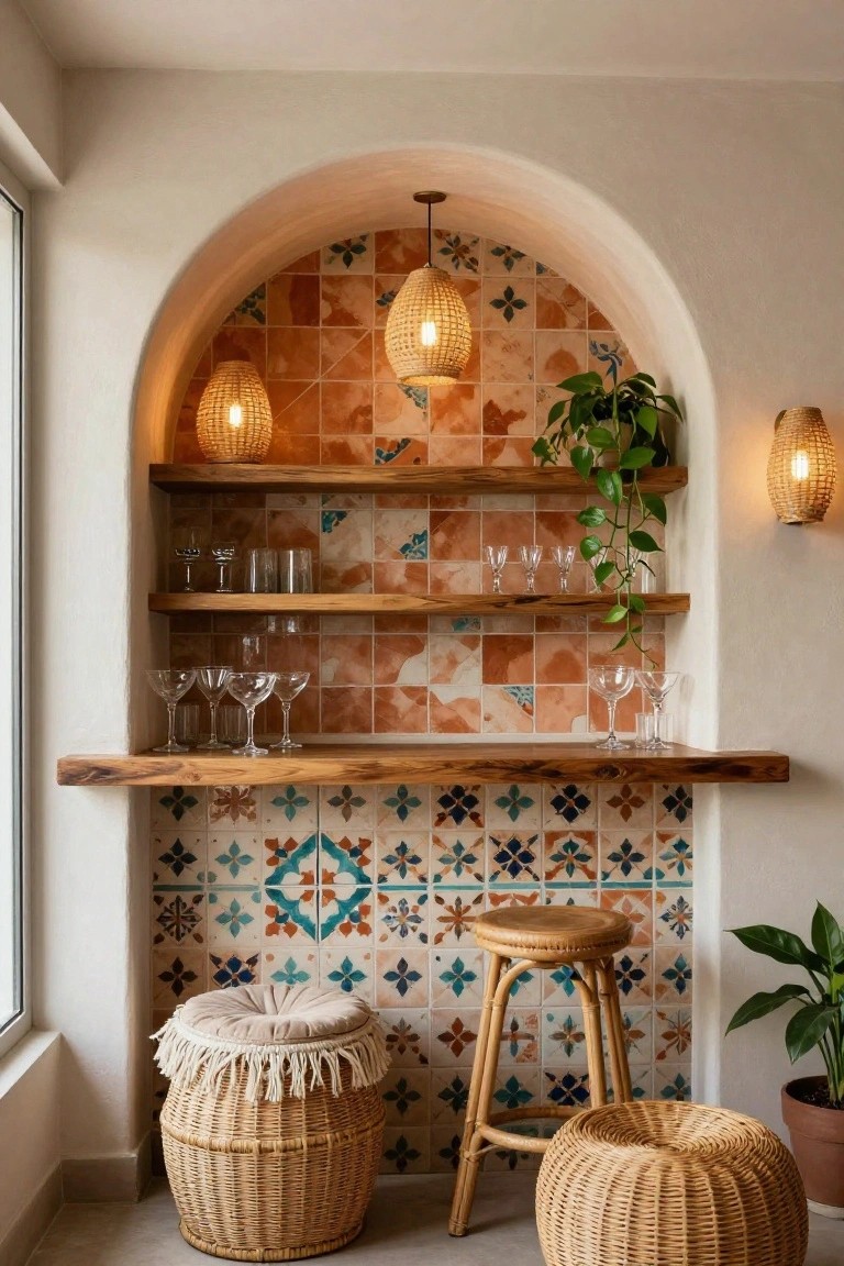 Arched indoor wall niche with colorful patterned tiles serving as a bar area, wooden shelves holding glassware, rattan pendant lights, wooden countertop, rattan bar stool, woven baskets, and potted plants.