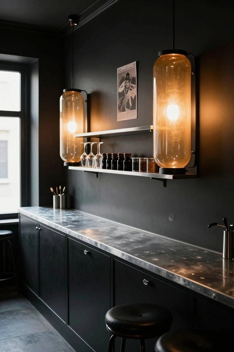Dark interior of a home bar area with black cabinets, metal countertop, wall-mounted tall amber glass tube pendant lights beside shelves holding glasses and jars, black stools, and a window in the background.