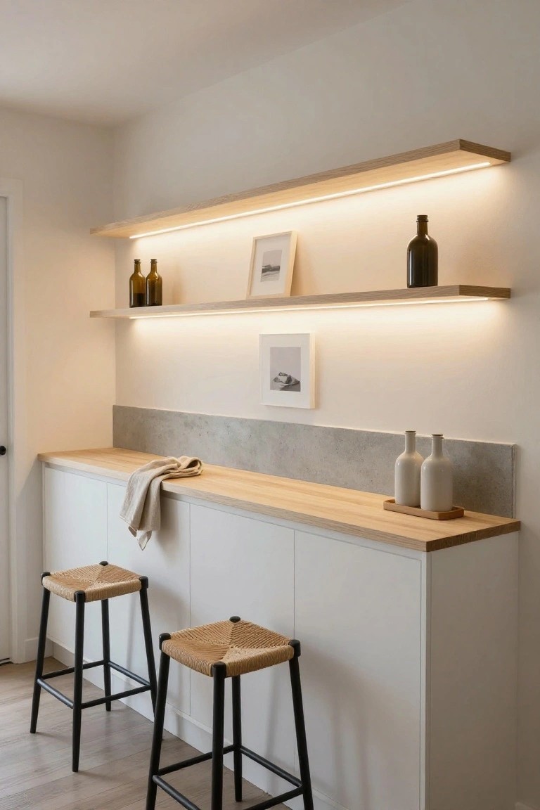 Kitchen bar area with floating oak shelves lit by LED strips underneath, displaying bottles and framed photos, concrete backsplash, wood countertop, white cabinets, and black metal bar stools with rattan seats.