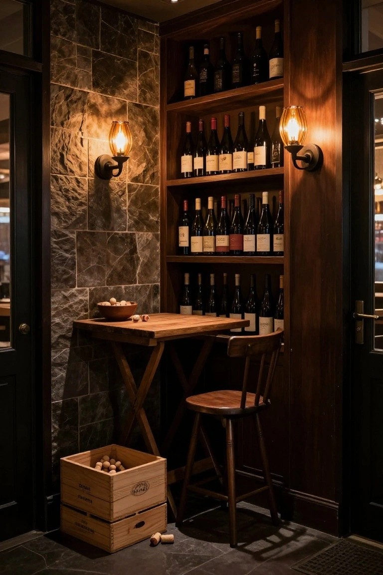 Cozy interior wine storage nook with wooden shelves full of wine bottles, small wooden table holding corks in a bowl, wooden stool, cork-filled wooden crates on the floor, and paired amber lantern wall sconces mounted on dark stone wall beside double doors.