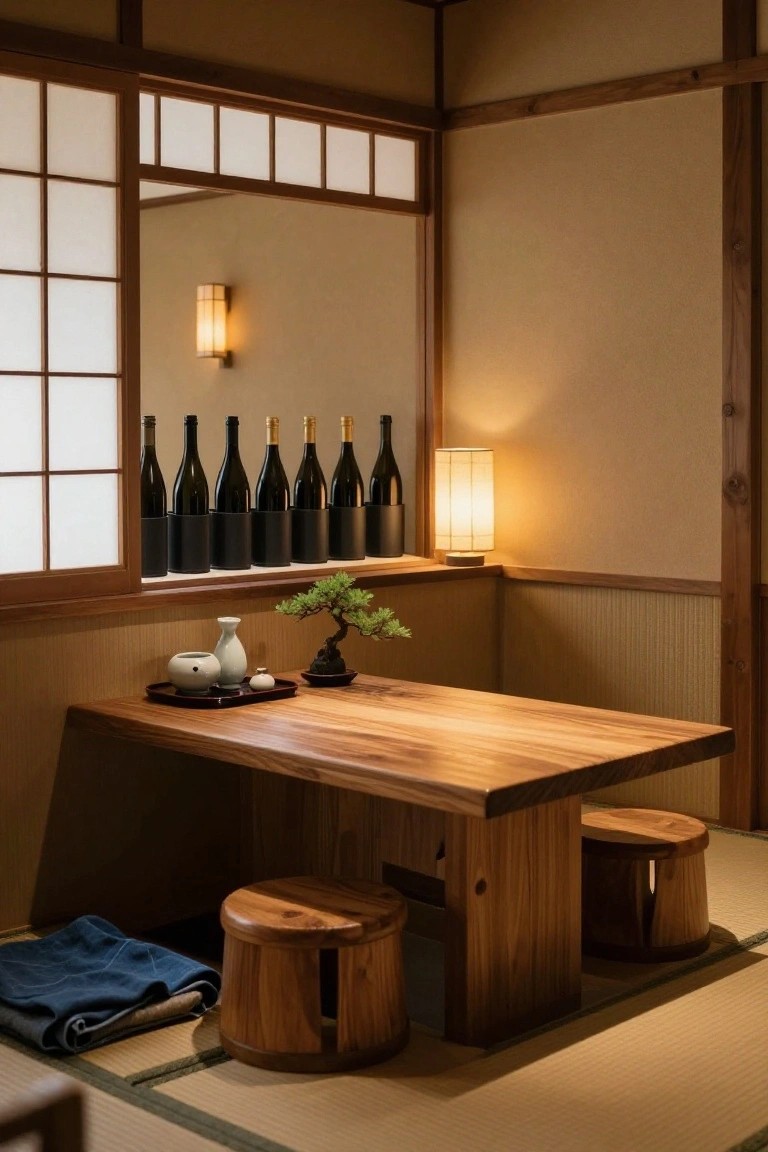 Japanese-style interior room with tatami mats, low wooden table and stools, bonsai plant on tray with ceramics, and wall shelf of dark bottles lit by two wall lamps near shoji screens.