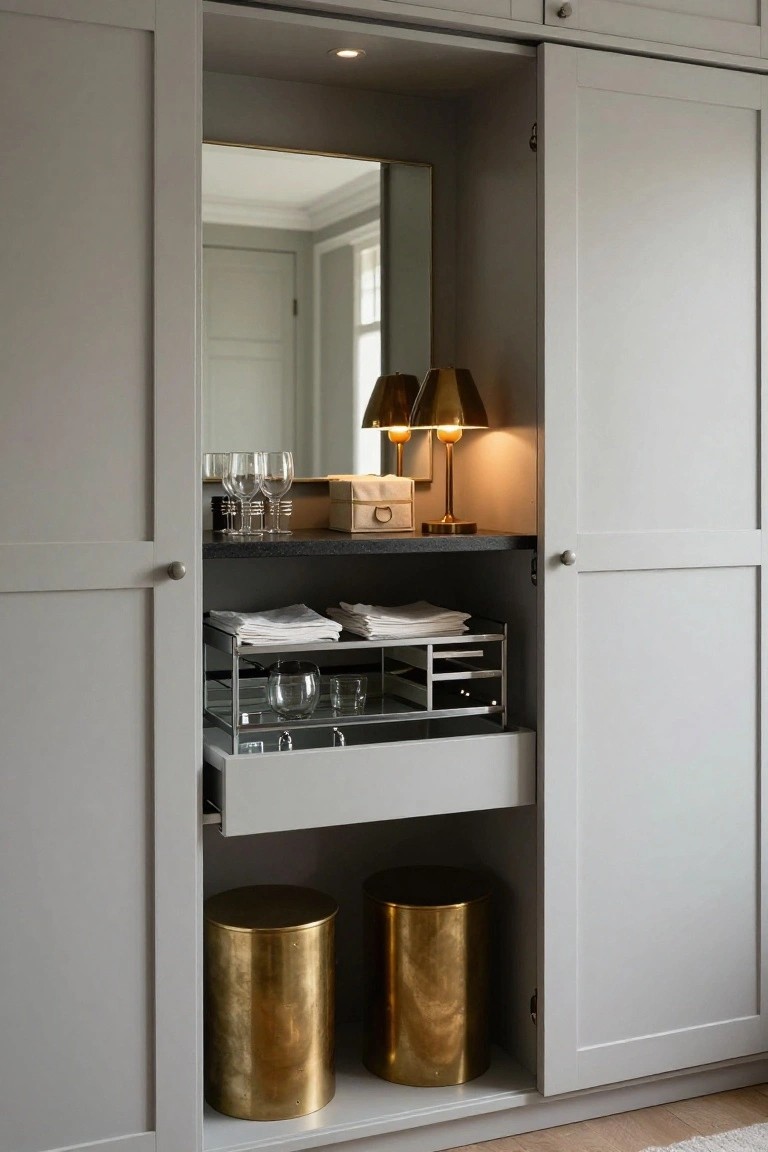 Open gray paneled wardrobe cabinet showing interior bar setup with mirror, brass lamps, glassware on shelves, stacked linens, metal rack, open white drawer with glasses, and two gold stools at the base on a wood floor.