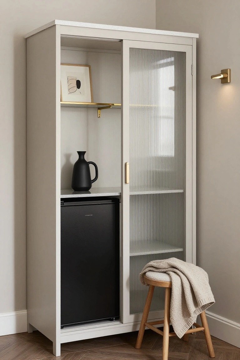 Tall white cabinet in room corner with black mini-fridge integrated on left side below shelves holding black jug vase and framed artwork, glass-paneled doors on right side, gold wall light nearby, and wooden stool with beige towel at base.