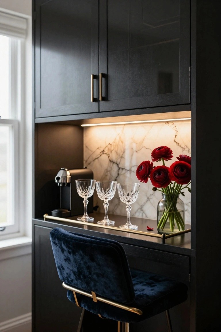 Black cabinetry with glass doors and open marble-backed niche containing a black coffee machine, three crystal wine glasses on a gold tray, and a vase of red ranunculus flowers, plus a navy velvet bar stool with brass frame in front.