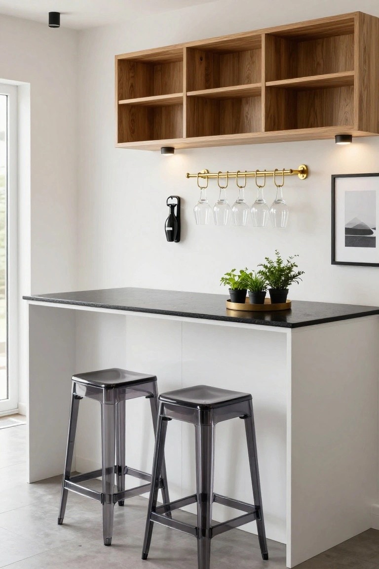 Modern indoor bar counter with white cabinet base, black stone top, two smoky transparent acrylic bar stools, open wood shelves above, gold rail holding wine glasses, bottle opener on wall, small potted plants on counter, and a door in background.