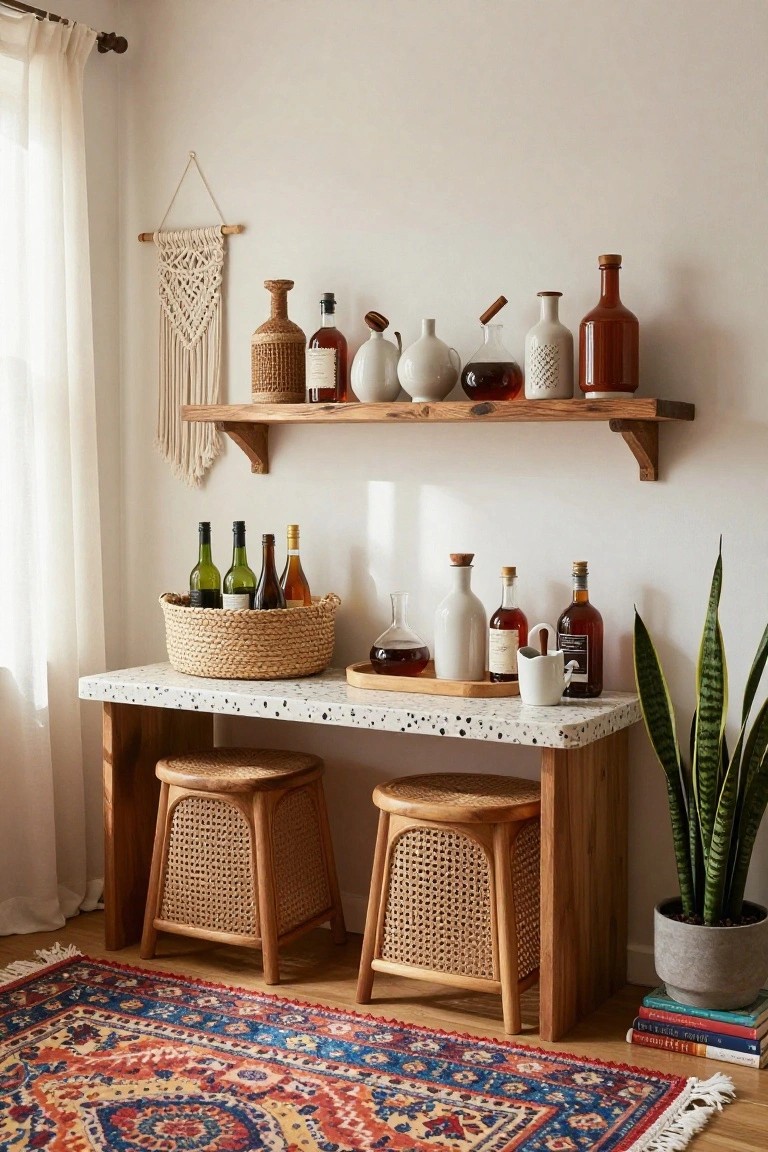 Indoor corner bar setup on a speckled white console table with two rattan stools, a seagrass basket of wine bottles, wooden shelves holding ceramic vases and liquor bottles, macrame wall hanging, sheer curtains, colorful patterned rug, and potted snake plant.