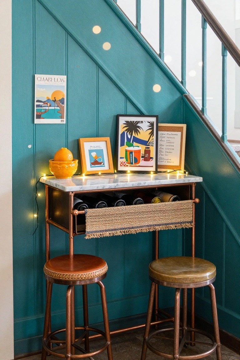 Teal wall bar cart with marble top, wine bottles, stools, and art.
