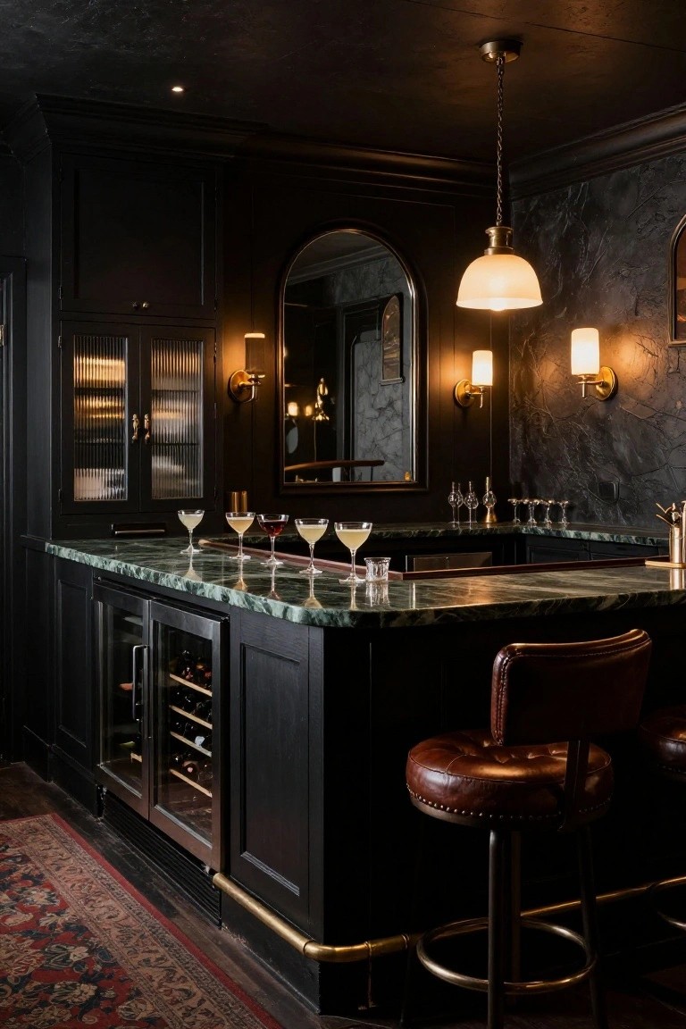 A moody home bar interior with black cabinets, green marble countertop holding cocktails in stemmed glasses, integrated wine fridge, leather barstools on brass bases, arched mirror, and warm wall lighting.