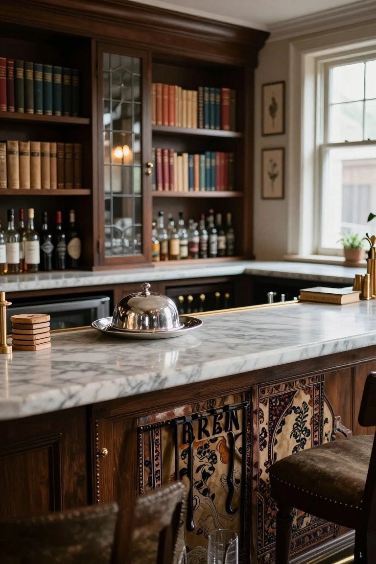Closeup of a wooden home bar counter with marble top, silver cloche dish, coasters, surrounding bookshelves filled with books and liquor bottles, and ornate patterned panels on the bar front.