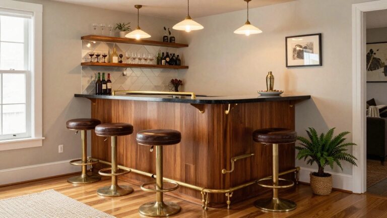 Custom-built wooden bar with walnut cabinetry, granite countertop, two leather swivel stools with brass foot rails, mirrored back bar shelving stocked with glassware and liquor bottles, pendant globe lights, and a potted plant on the counter.