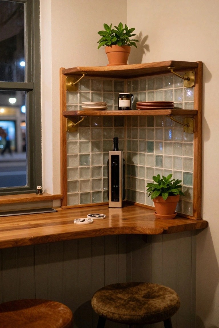 Corner indoor bar counter made of live-edge wood with wooden shelves on brass brackets, frosted glass block tile backsplash, potted plants, stacked plates, a jar, wine bottle holder, coasters, and two stools, next to a window at night.